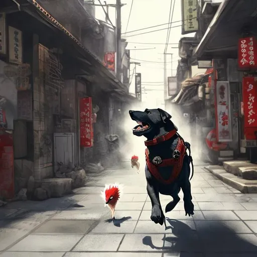 Prompt: a black dog wearing soldier clothes chasing a chicken in the streets in japan, sketch, detailed background, highres, fun atmosphere, natural lighting, pastel colors, abstract, fun