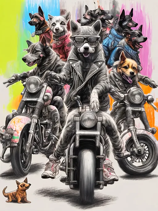 Prompt: pop art chalk pastel art of detailed dogs wearing biker gang clothes playing in the streets in cyberpunk japan during a festival, sketch, detailed background, highres, fun atmosphere, natural lighting,  abstract, fun