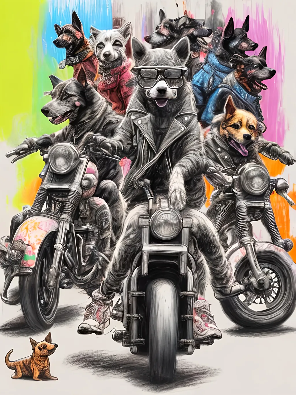 Prompt: pop art chalk pastel art of detailed dogs wearing biker gang clothes playing in the streets in cyberpunk japan during a festival, sketch, detailed background, highres, fun atmosphere, natural lighting,  abstract, fun