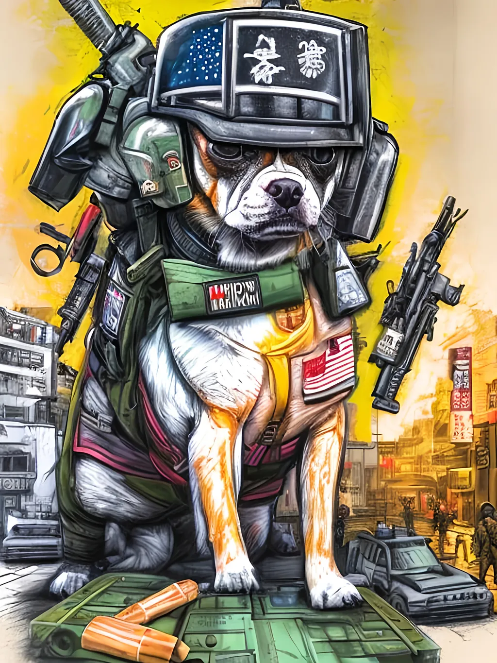 Prompt: pop art chalk pastel art of detailed dog wearing military uniforms<mymodel> playing in the streets in cyberpunk japan during a festival, sketch, detailed background, highres, fun atmosphere, natural lighting,  abstract, fun