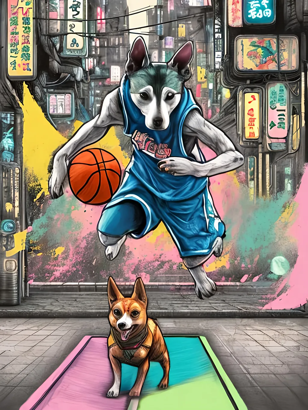 Prompt: pop art chalk pastel art of detailed dog playing basket ball game in cyberpunk japan, sketch, detailed background, highres, fun atmosphere, natural lighting,  abstract, fun