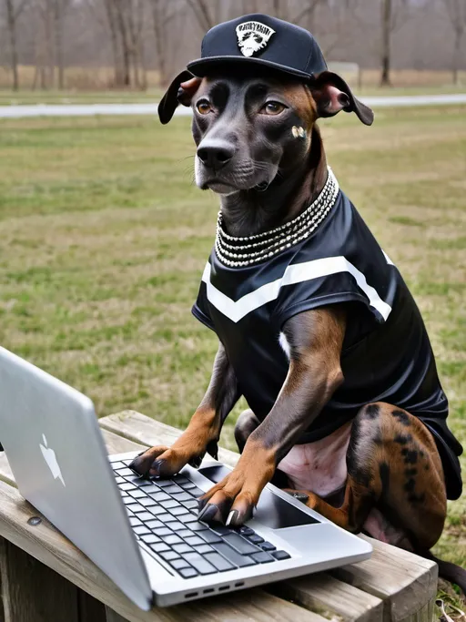 Prompt: all black mountain cur dog punk dressed working on a laptop