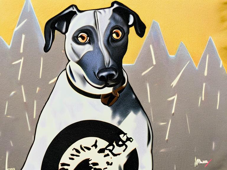 Prompt: mountain cur black dogs in gangster rappers clothing graffiti