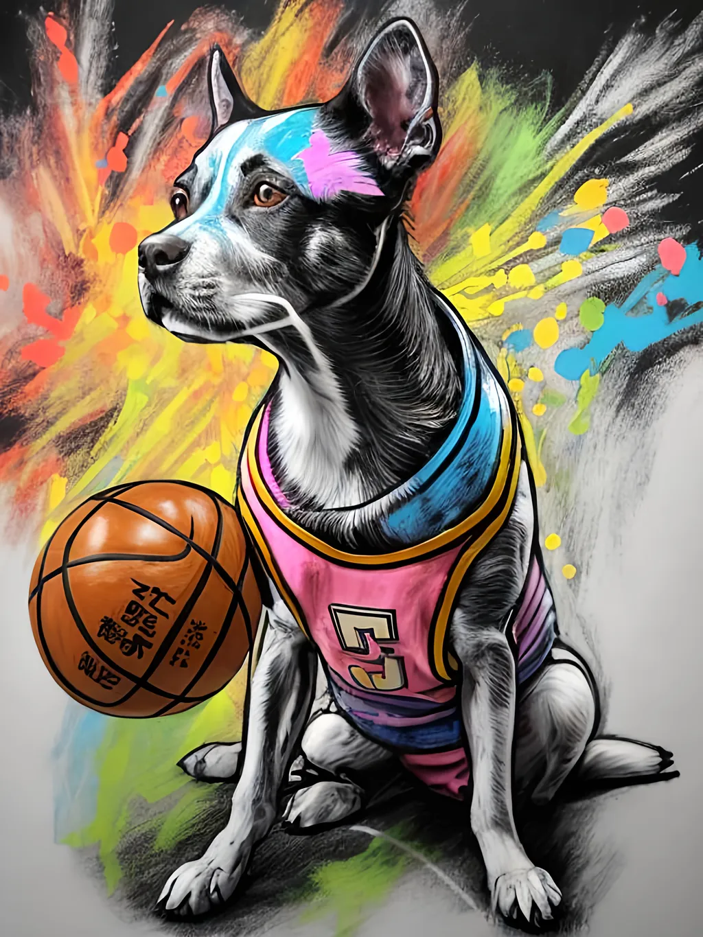 Prompt: pop art chalk pastel art of detailed dog at a basket ball game in cyberpunk japan, sketch, detailed background, highres, fun atmosphere, natural lighting,  abstract, fun