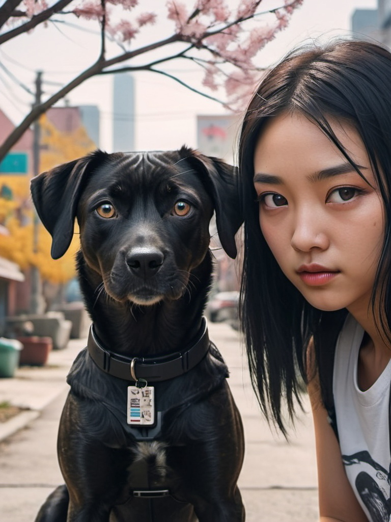 Prompt: mountain cur black dog with half asian girl in cyberpunk city