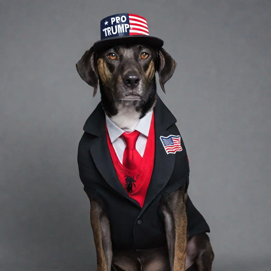 Prompt: mountain cur black dogs in pro trump clothes