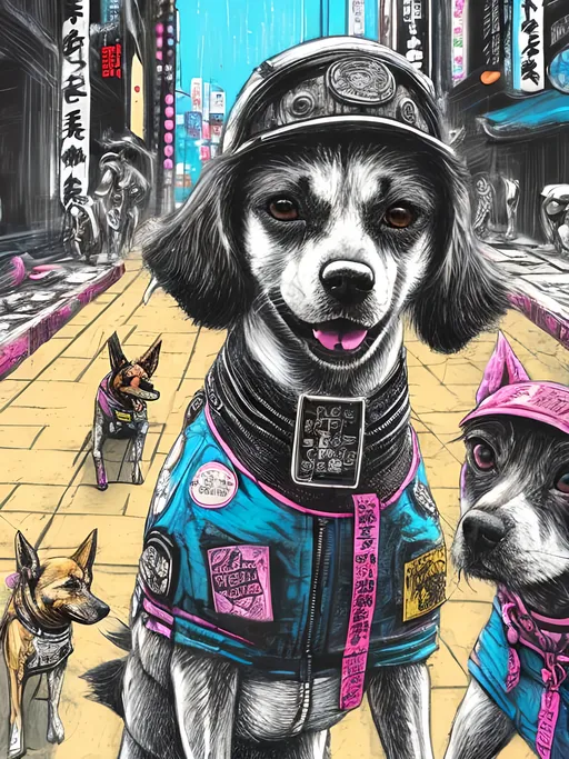 Prompt: pop art chalk pastel art of detailed dogs wearing punk clothes in the streets in cyberpunk japan during a festival, sketch, detailed background, highres, fun atmosphere, natural lighting,  abstract, fun