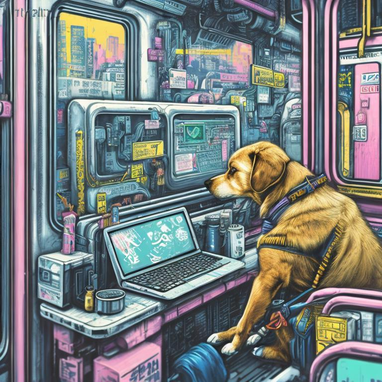 Prompt: pop art chalk pastel art of a detailed dog hacking a computer on the subway train in cyberpunk japan with planes in the background, sketch, detailed background, highres, fun atmosphere, natural lighting,  abstract, fun