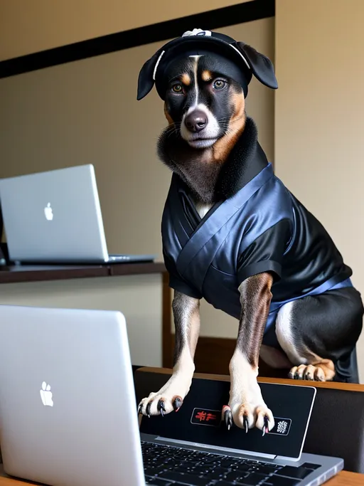 Prompt: all black mountain cur dog dressed as yakuza working on a laptop in an office