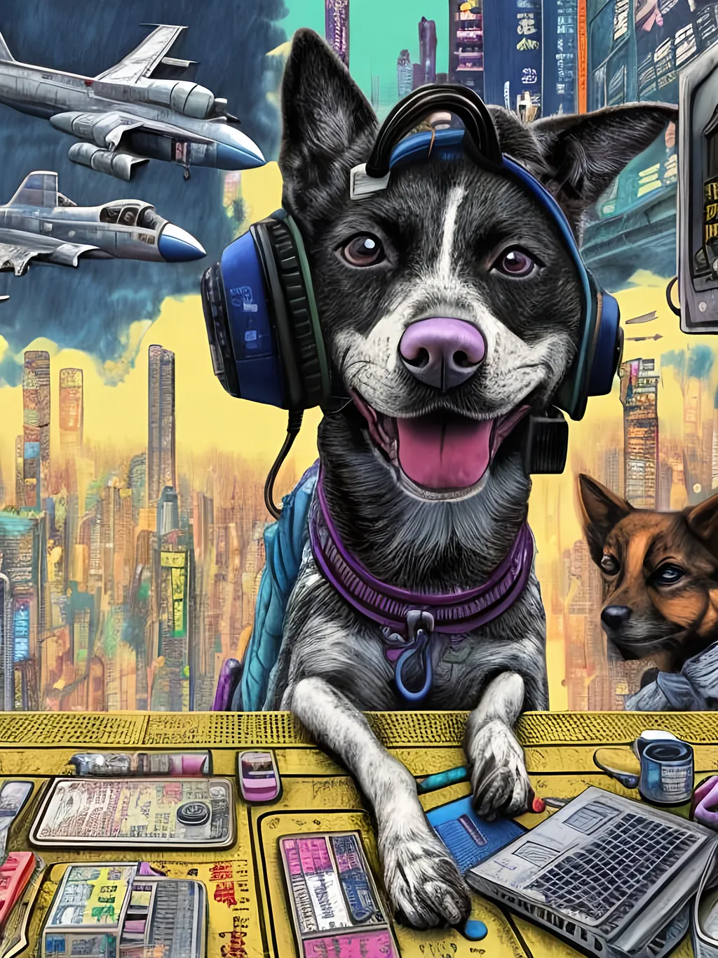 Prompt: pop art chalk pastel art of a detailed dog hacking a computer on the subway train in cyberpunk japan with planes in the background, sketch, detailed background, highres, fun atmosphere, natural lighting,  abstract, fun