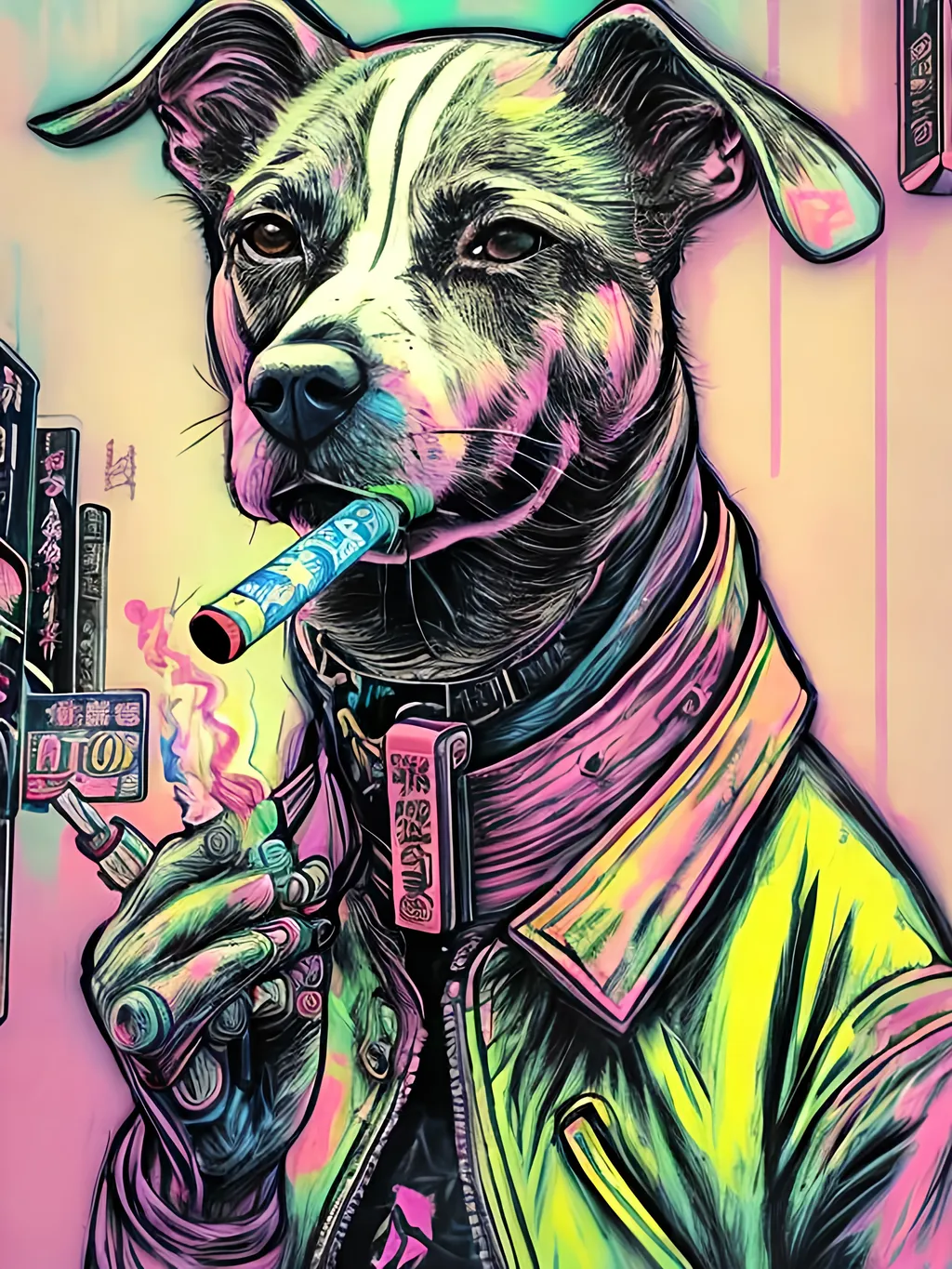 Prompt: pop art chalk pastel art of detailed dog smoking in cyberpunk japan during a festival, sketch, detailed background, highres, fun atmosphere, natural lighting,  abstract, fun