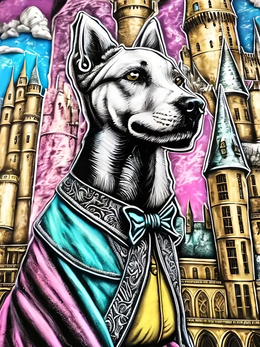 Prompt: pop art chalk pastel style art of detailed dog at hogwarts dressed in wizard robes, sketch, detailed background, highres, fun atmosphere, natural lighting,  abstract, fun