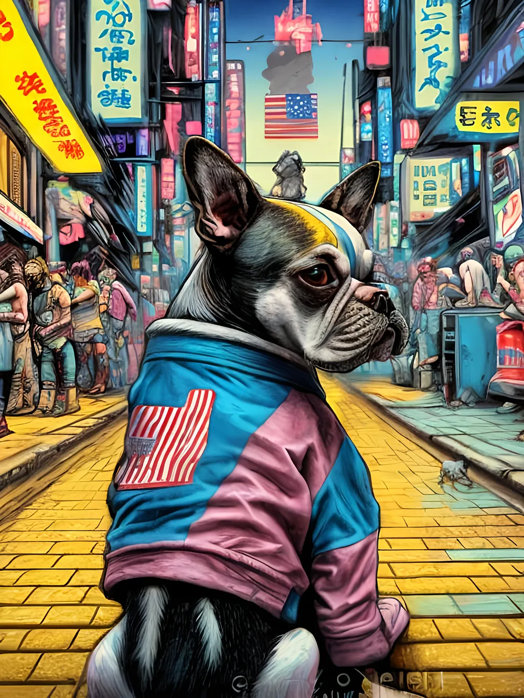 Prompt: pop art chalk pastel art of detailed dog wearing USA clothes playing in the streets in cyberpunk japan during a festival, sketch, detailed background, highres, fun atmosphere, natural lighting,  abstract, fun