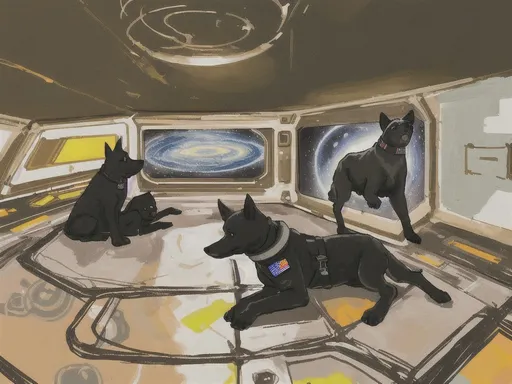 Prompt: abstract art, black dog, in space, in astronaut outfit