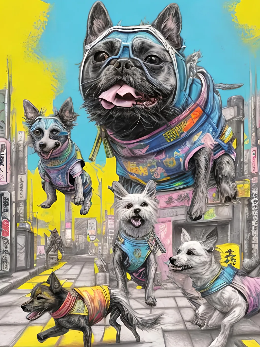 Prompt: pop art chalk pastel art of detailed dogs wearing ninja clothes playing in the streets in cyberpunk japan during a festival, sketch, detailed background, highres, fun atmosphere, natural lighting,  abstract, fun