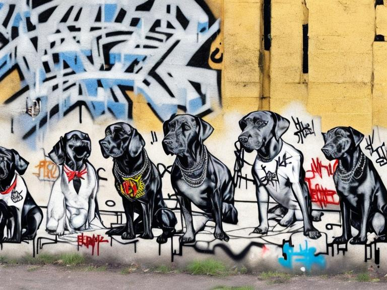 Prompt: black dogs in gangster clothing graffiti