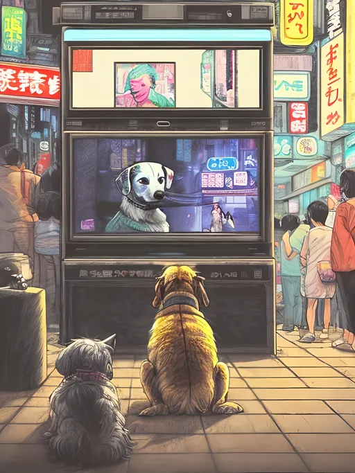 Prompt: pop art chalk pastel art of detailed dog watching tv in the streets in cyberpunk japan during a festival, sketch, detailed background, highres, fun atmosphere, natural lighting,  abstract, fun