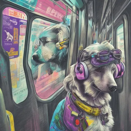 Prompt: pop art chalk pastel art of a detailed dog listening to music on the subway train in cyberpunk japan with planes in the background, sketch, detailed background, highres, fun atmosphere, natural lighting,  abstract, fun