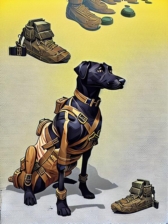 Prompt: black mountain cur dog in military gear in egypt 90s poster