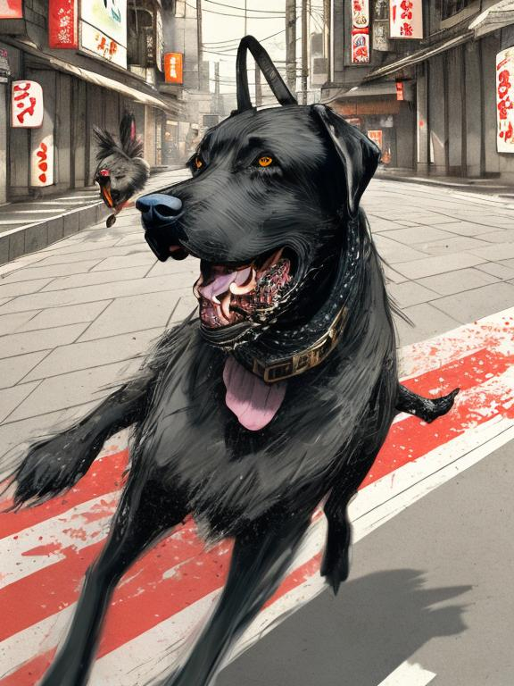 Prompt: a male black dog wearing clothes chasing a chicken in the streets in japan, sketch, detailed background, highres, fun atmosphere, natural lighting, pastel colors, abstract, fun