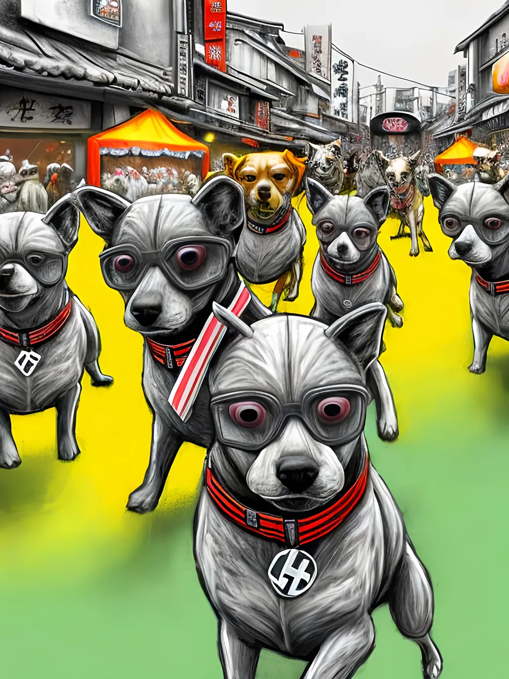 Prompt: pop art chalk pastel art of detailed dogs wearing nazi uniforms playing in the streets in japan during a festival, sketch, detailed background, highres, fun atmosphere, natural lighting,  abstract, fun