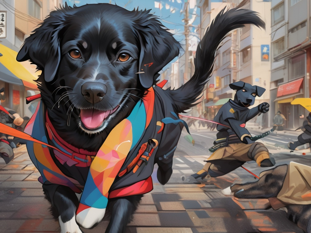 Prompt: black dog wearing ninja clothes having fun in the streets with a battle in the background, dogs, abstract art, Screen print, digital art, 8k resolution trending on Artstation, golden ratio, akira, rule of thirds, geometric bauhaus, Studio Ghibli, Anime Key Visual, by Makoto Shinkai, Deep Color, Intricate, 8k resolution concept art, Natural Lighting, Beautiful Composition