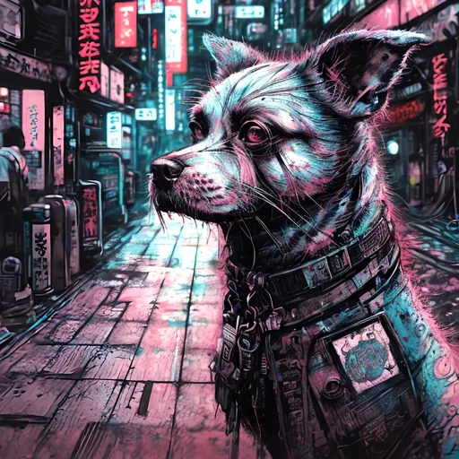 Prompt: a detailed grunge dog in cyberpunk Japan festival, pop art chalk pastel, natural lighting, highres, detailed streets, fun, cyberpunk, detailed fur, vibrant colors, lively atmosphere, street festival, urban setting, chalk pastel art, detailed background, Japan, pop art, grunge style, festival vibes, sketch