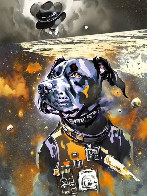 Prompt: Surrealism black dogs in cowboy outfits in space, abstract art style, cowboy hat, eerie atmosphere, floating celestial bodies, mysterious nebulae, dreamlike, surreal, high contrast, otherworldly, abstract, space, astronaut, fun atmosphere, celestial bodies, dreamlike, surreal, high contrast, mysterious, nebulae, dogs