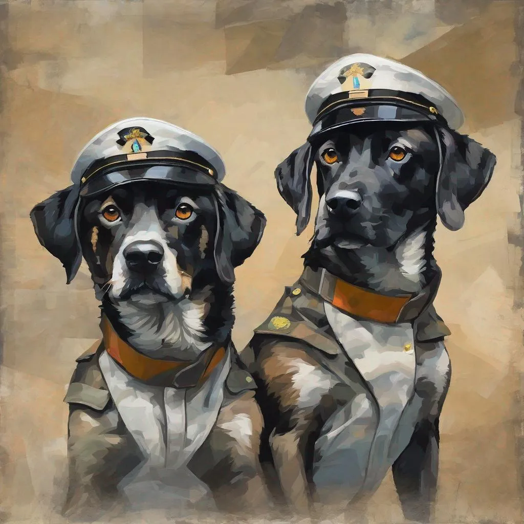 Prompt: mountain cur black dogs in pilot uniform abstract art