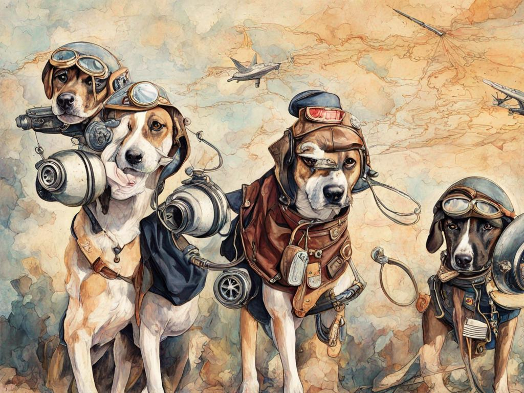 Prompt: black mountain cur dogs dressed as airplane pilots steam punk