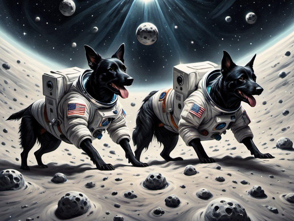 Prompt: abstract style art of black dogs in space in astronaut outfits