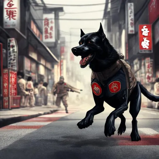 Prompt: art of a black dog wearing soldier clothes chasing a chicken in the streets in japan, sketch, detailed background, highres, fun atmosphere, natural lighting, pastel colors, abstract, fun