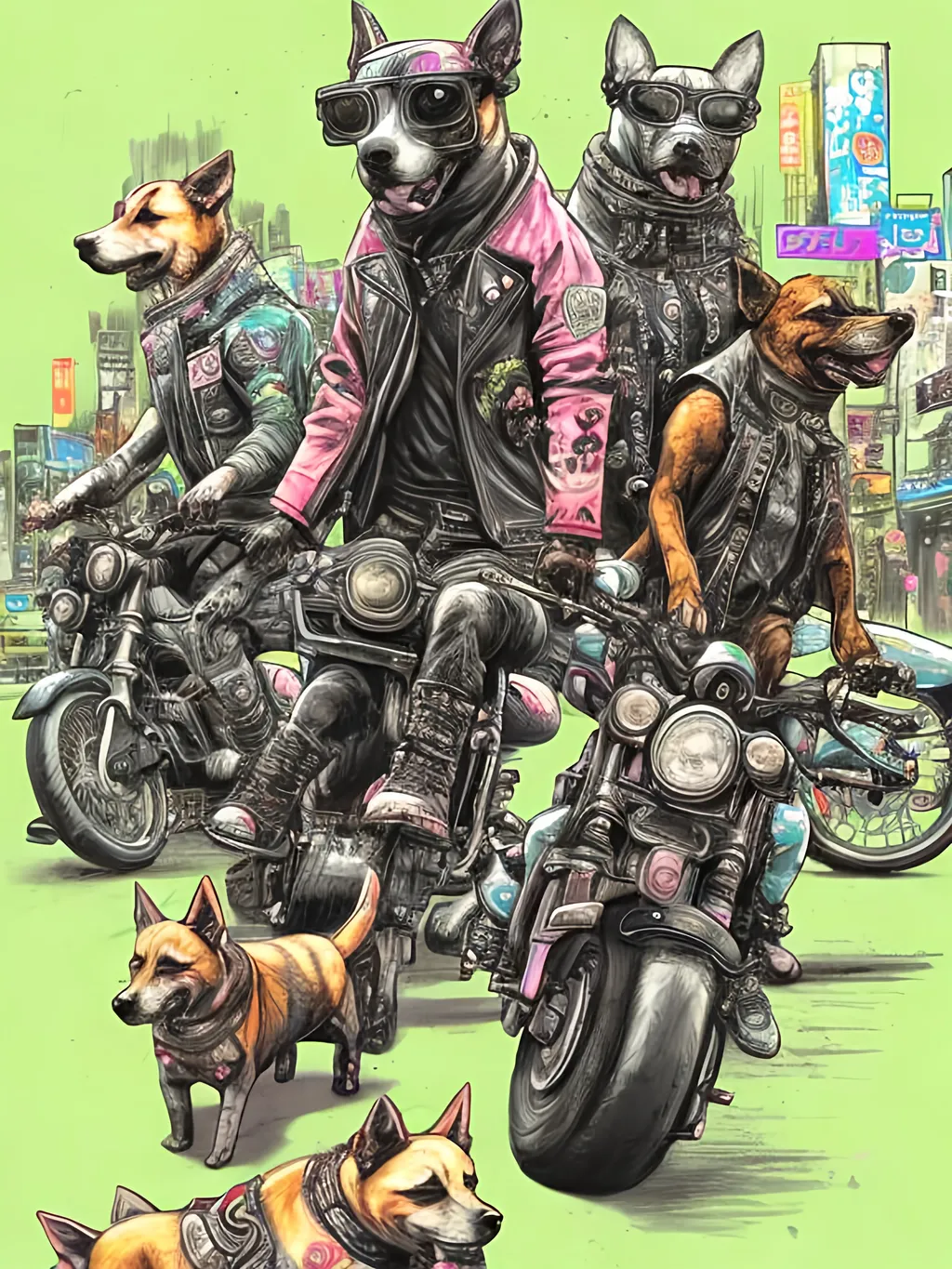 Prompt: pop art chalk pastel art of detailed dogs wearing biker gang clothes playing in the streets in cyberpunk japan during a festival, sketch, detailed background, highres, fun atmosphere, natural lighting,  abstract, fun