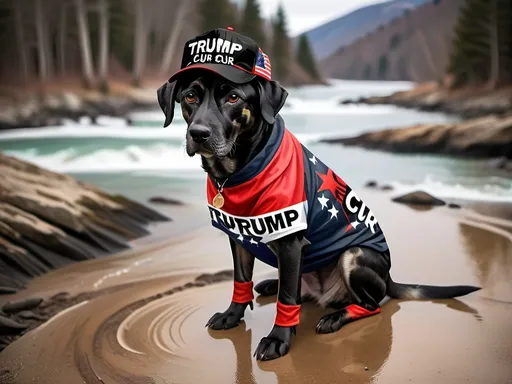 Prompt: Mountain cur black dog in pro trump clothing abstract art style