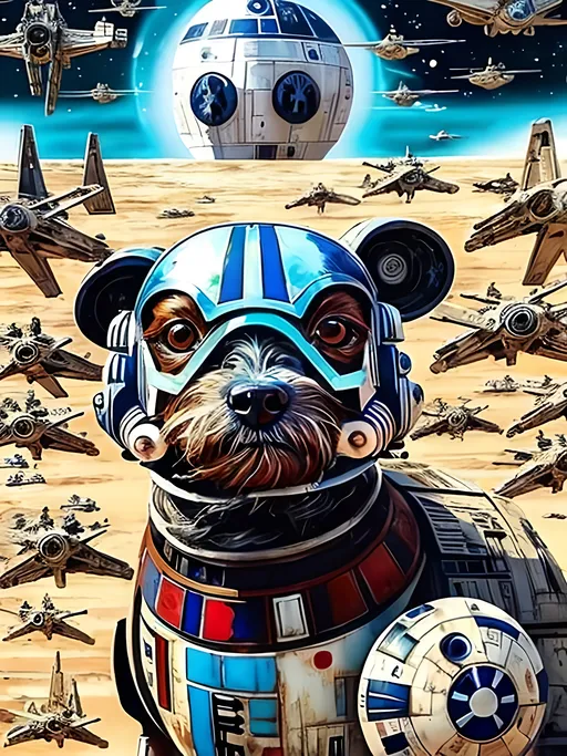 Prompt: pop art chalk pastel style art of detailed dog in star wars with pod racers, sketch, detailed background, highres, fun atmosphere, natural lighting,  abstract, fun