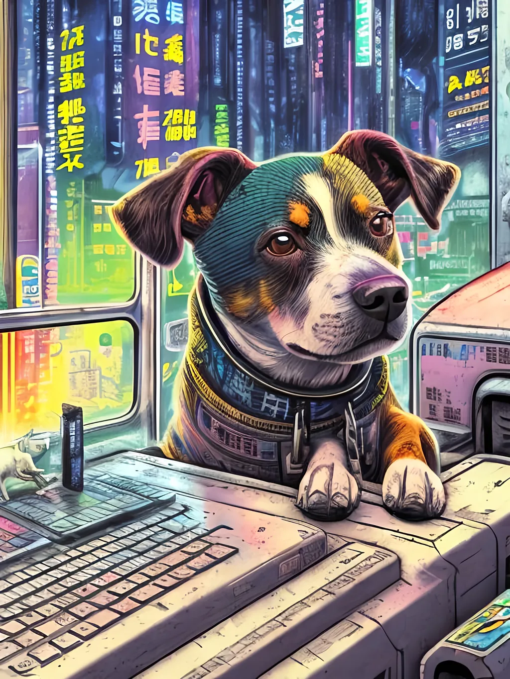 Prompt: pop art chalk pastel art of a detailed dog hacking a computer on the subway train in cyberpunk japan with planes in the background, sketch, detailed background, highres, fun atmosphere, natural lighting,  abstract, fun