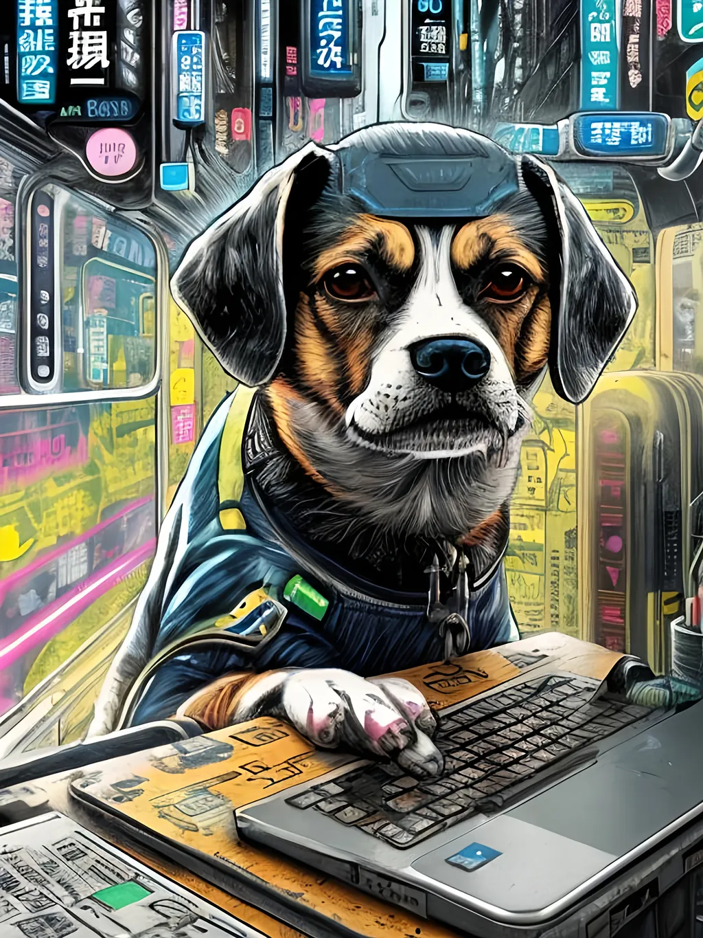 Prompt: pop art chalk pastel art of a detailed dog hacking a computer on the subway train in cyberpunk japan with planes in the background, sketch, detailed background, highres, fun atmosphere, natural lighting,  abstract, fun