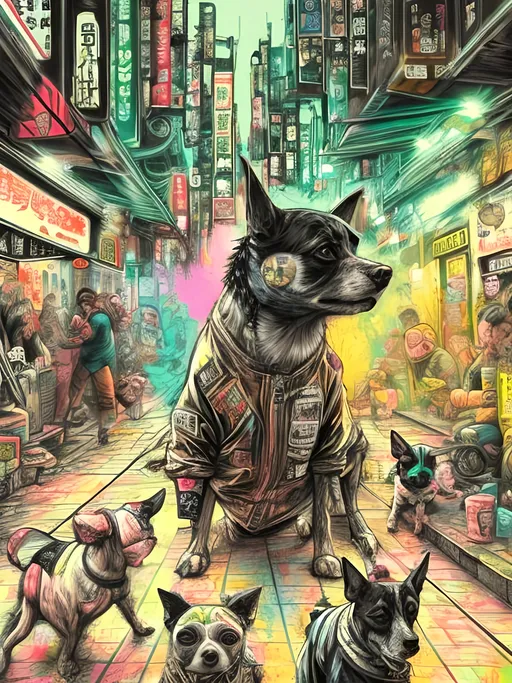 Prompt: pop art chalk pastel art of detailed dogs wearing gangster clothes playing in the streets in cyberpunk japan during a festival, sketch, detailed background, highres, fun atmosphere, natural lighting,  abstract, fun
