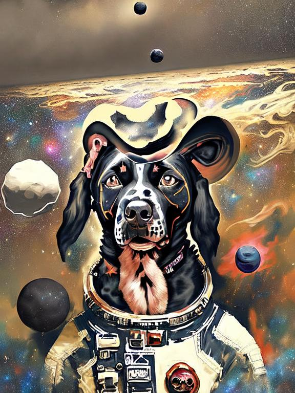 Prompt: Surrealism black dogs in cowboy outfits in space, abstract art style, cowboy hat, fun atmosphere, floating celestial bodies, mysterious nebulae, dreamlike, surreal, high contrast, otherworldly, abstract, space, astronaut, fun atmosphere, celestial bodies, dreamlike, surreal, high contrast, mysterious, nebulae, dogs, Pro trump clothing