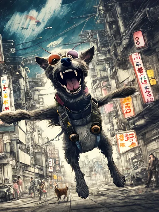 Prompt: Detailed happy dog flying in post-apocalyptic japan during a festival, sketch, chalk pastel, detailed planes in the background, grunge, highres, abstract, natural lighting, lively atmosphere, fun, detailed dogs, vibrant, happy-go-lucky