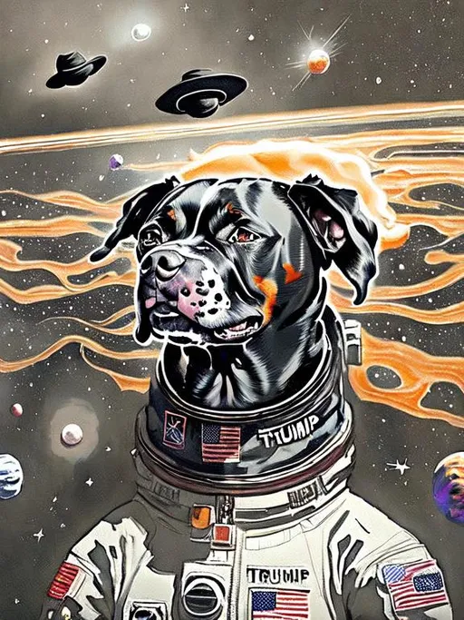 Prompt: Surrealism black dogs in trump outfits in space, abstract art style, cowboy hat, fun atmosphere, floating celestial bodies, mysterious nebulae, dreamlike, surreal, high contrast, otherworldly, abstract, space, astronaut, fun atmosphere, celestial bodies, dreamlike, surreal, high contrast, mysterious, nebulae, dogs, usa