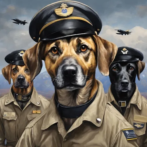 Prompt: mountain cur black dogs in pilot uniform art