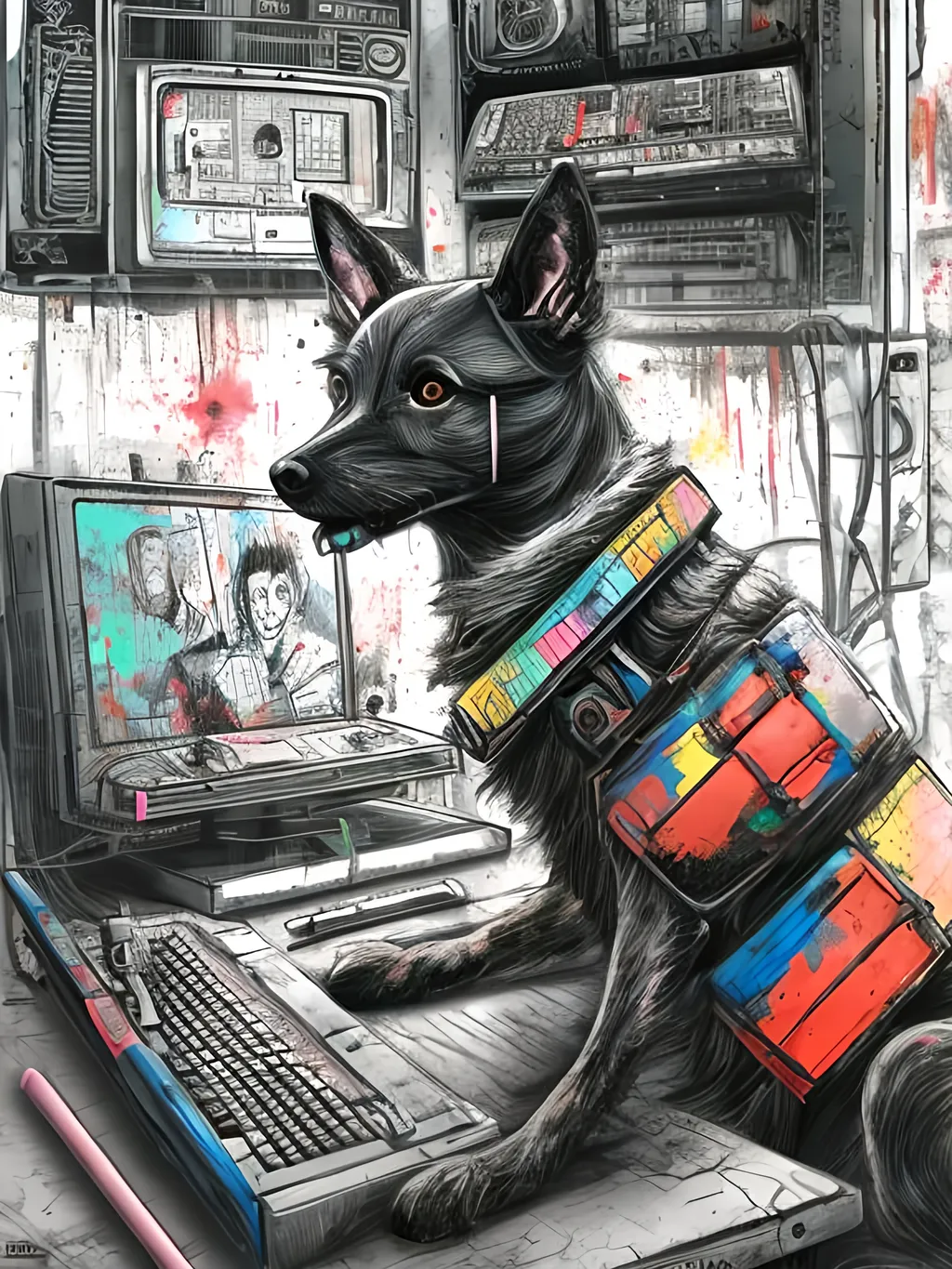 Prompt: pop art chalk pastel art of detailed dog hacking computers in post apocalyptic Japan, sketch, detailed background, highres, fun atmosphere, natural lighting,  abstract, fun