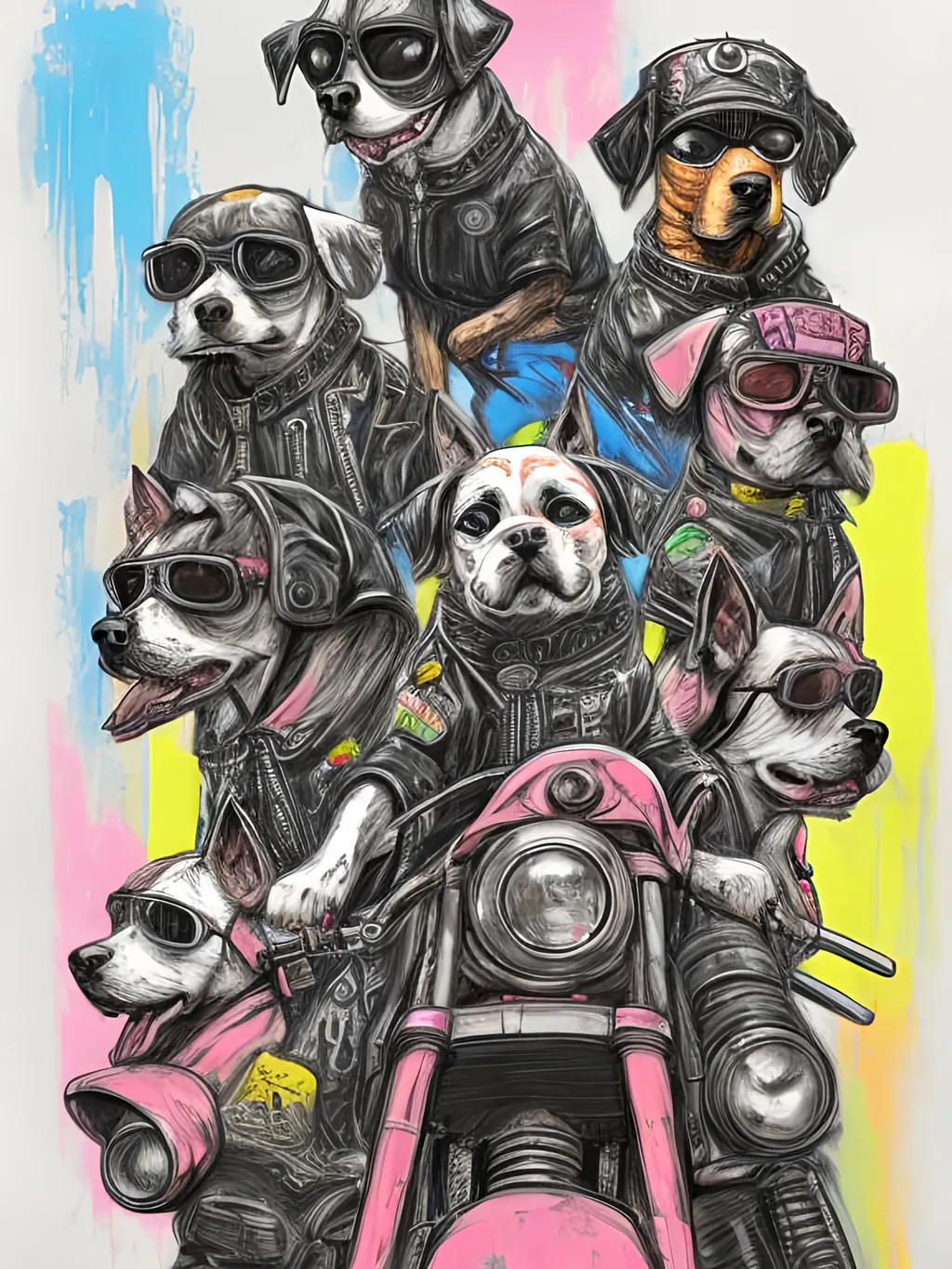 Prompt: pop art chalk pastel art of detailed dogs wearing biker gang clothes playing in the streets in cyberpunk japan during a festival, sketch, detailed background, highres, fun atmosphere, natural lighting,  abstract, fun