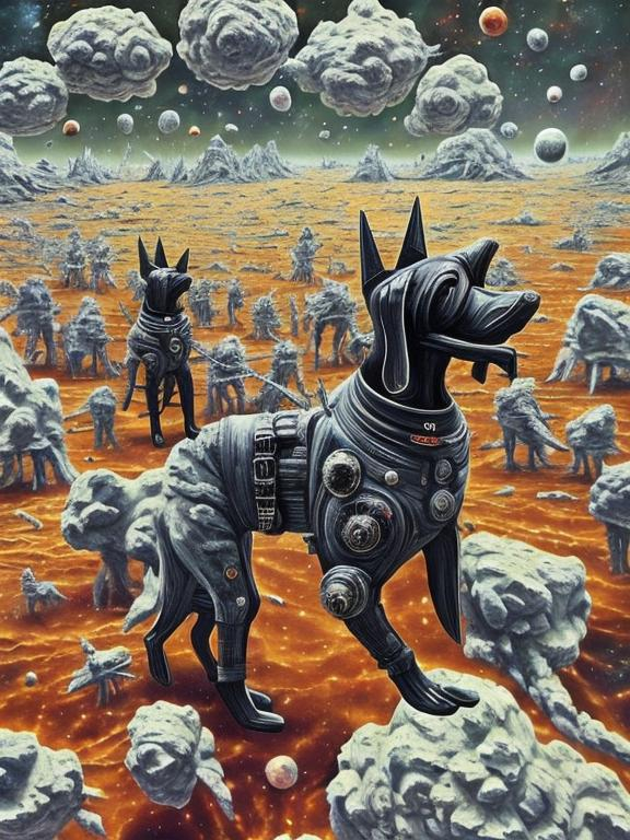 Prompt: Surrealism black dogs in soldier outfits in space, abstract art style, cowboy hat, fun atmosphere, floating celestial bodies, mysterious nebulae, dreamlike, surreal, high contrast, otherworldly, abstract, space, astronaut, fun atmosphere, celestial bodies, dreamlike, surreal, high contrast, mysterious, nebulae, dogs, usa, patriotic, trump