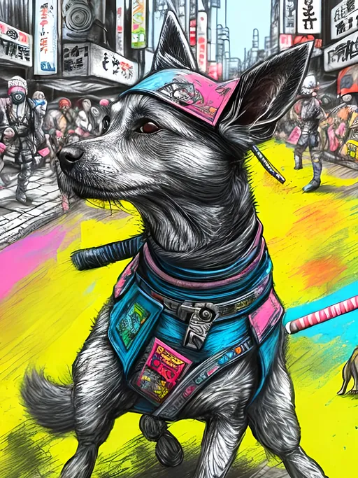 Prompt: pop art chalk pastel art of detailed dogs wearing ninja clothes playing in the streets in cyberpunk japan during a festival, sketch, detailed background, highres, fun atmosphere, natural lighting,  abstract, fun