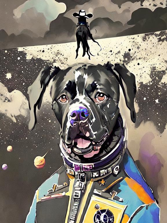 Prompt: Surrealism black dogs in cowboy outfits in space, abstract art style, cowboy hat, fun atmosphere, floating celestial bodies, mysterious nebulae, dreamlike, surreal, high contrast, otherworldly, abstract, space, astronaut, fun atmosphere, celestial bodies, dreamlike, surreal, high contrast, mysterious, nebulae, dogs, Pro trump clothing