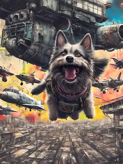 Prompt: Detailed happy dog flying in post-apocalyptic japan during a festival, sketch, chalk pastel, detailed planes in the background, grunge, highres, abstract, natural lighting, lively atmosphere, fun, detailed dogs, vibrant, happy-go-lucky