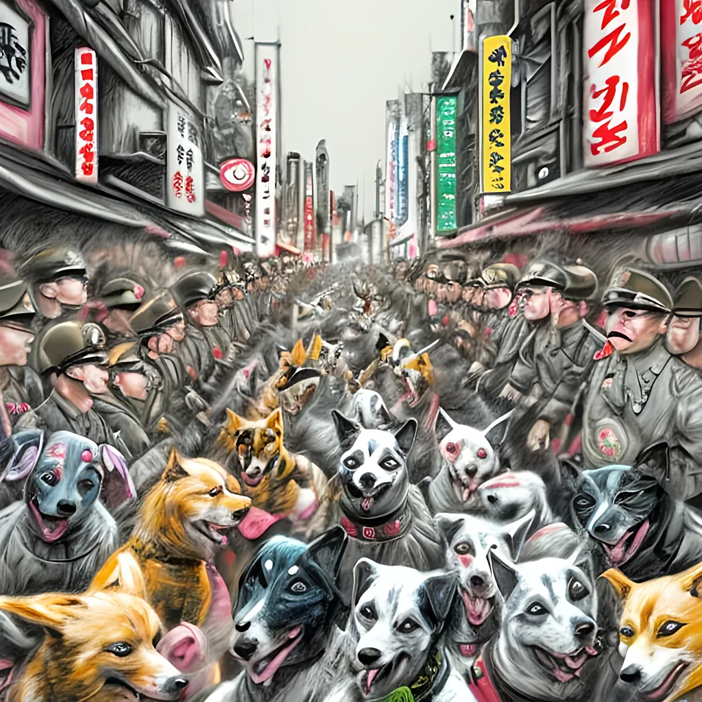 Prompt: pop art chalk pastel art of detailed dogs wearing nazi uniforms playing in the streets in japan during a festival, sketch, detailed background, highres, fun atmosphere, natural lighting,  abstract, fun