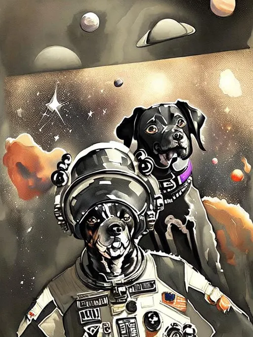 Prompt: Surrealism black dogs in cowboy outfits in space, abstract art style, cowboy hat, fun atmosphere, floating celestial bodies, mysterious nebulae, dreamlike, surreal, high contrast, otherworldly, abstract, space, astronaut, fun atmosphere, celestial bodies, dreamlike, surreal, high contrast, mysterious, nebulae, dogs, Pro trump clothing